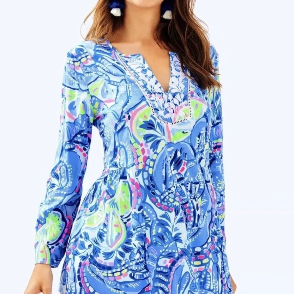 Lilly Pulitzer Lyndsea Long Sleeve V Neck Linen Tunic Size L. Gently worn